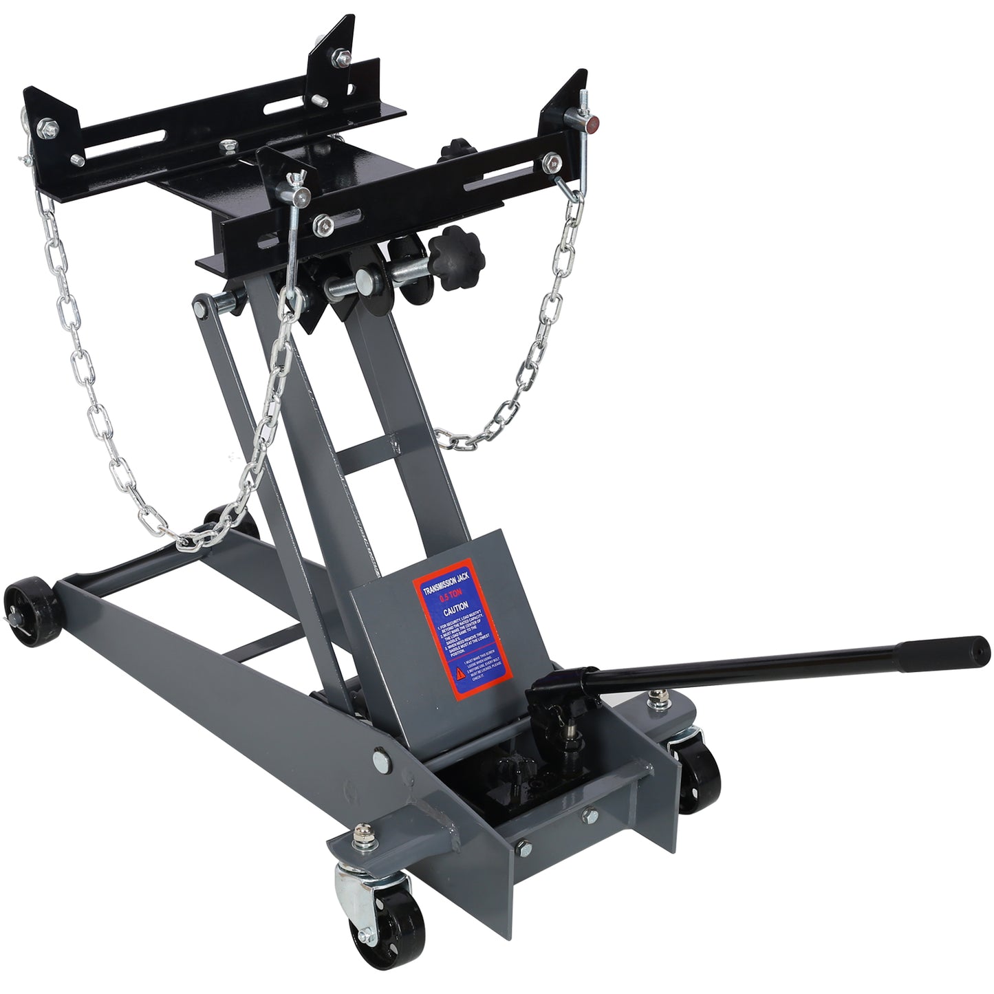Heavyduty grey transmission jack with chains for secure lifting