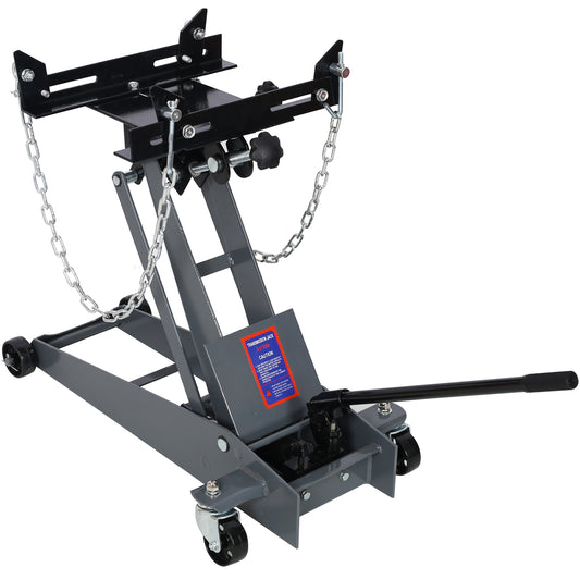 Heavyduty grey transmission jack with chains for secure lifting
