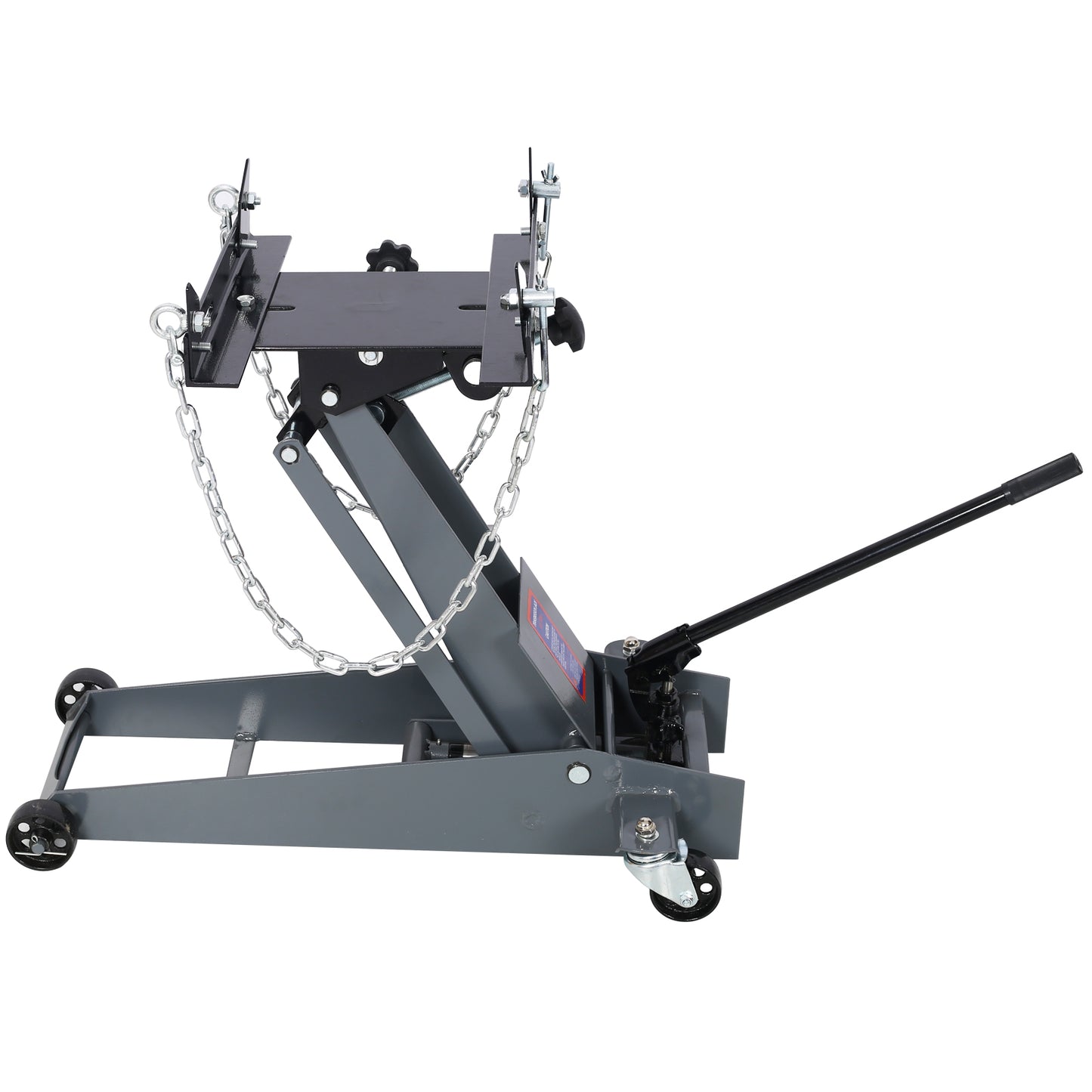 Gray hydraulic transmission jack with lifting chains and a black handle