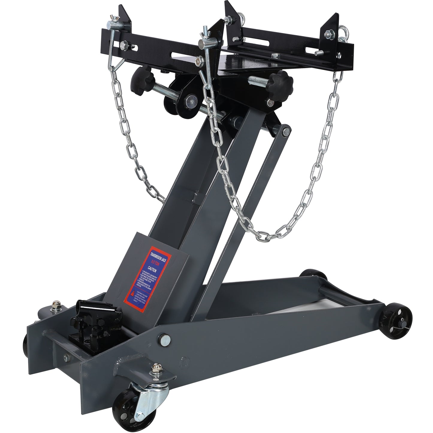 Gray scissor lift transmission jack with adjustable chains and wheels