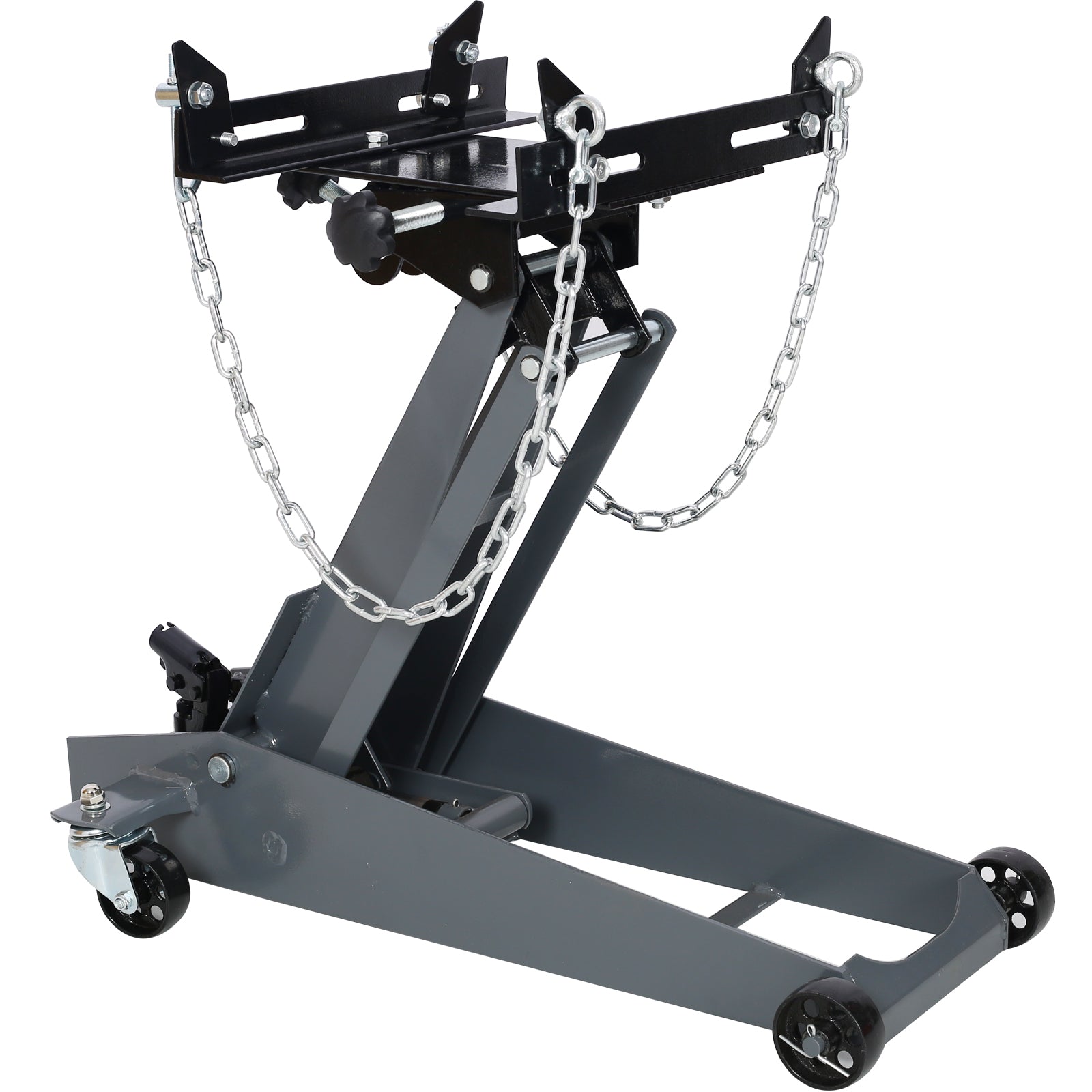 Heavyduty transmission jack with adjustable cradle and safety chains designed for automotive repair