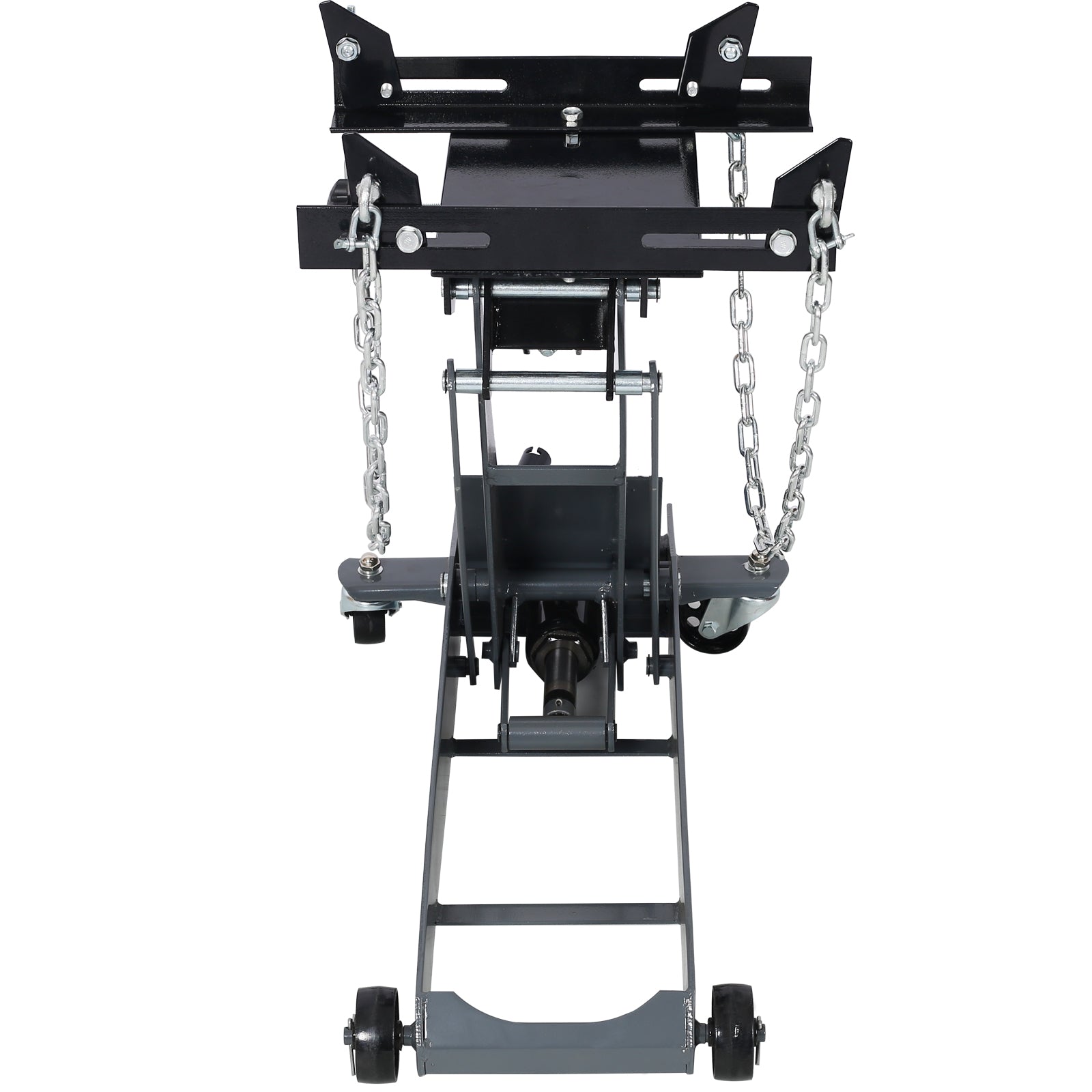 Heavyduty black and gray transmission jack with hydraulic lift and adjustable chains for safe vehicle repair