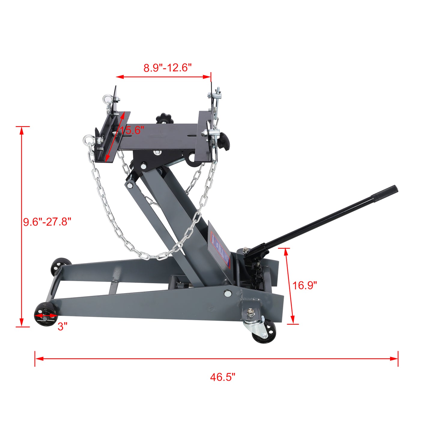 Gray hydraulic transmission jack with adjustable height and chains for secure lifting