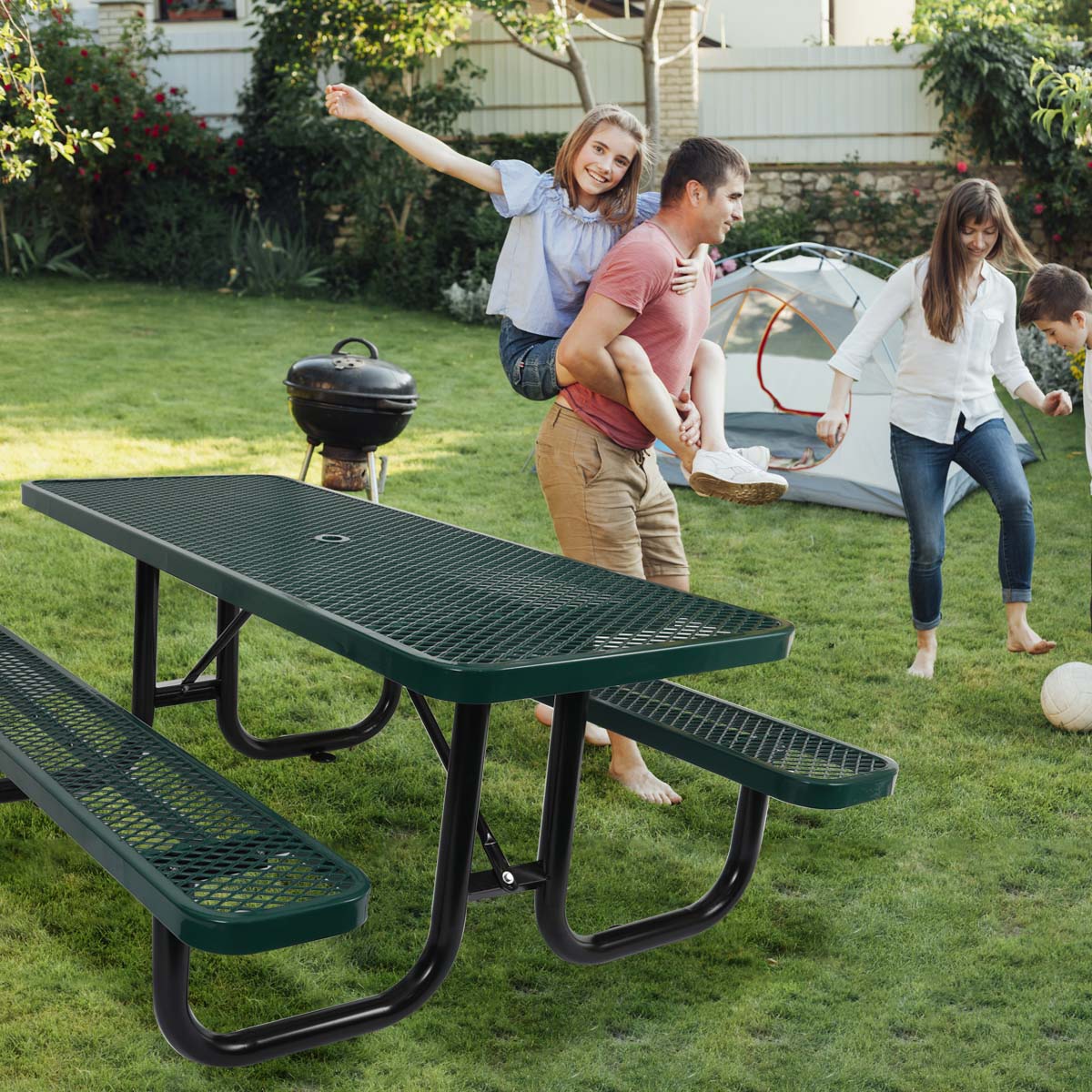 Green diamond plate picnic table with attached benches perfect for outdoor gatherings
