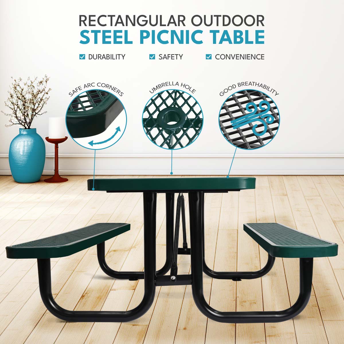 Green rectangular outdoor steel picnic table with benches and umbrella hole