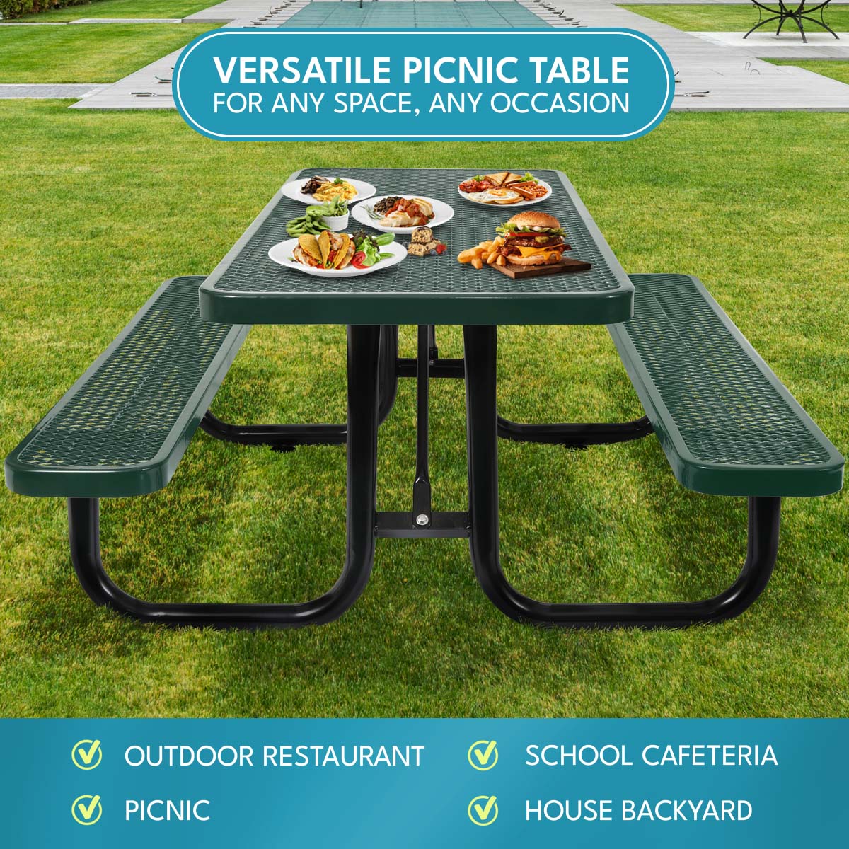 Green metal picnic table with attached benches laden with food set outdoors