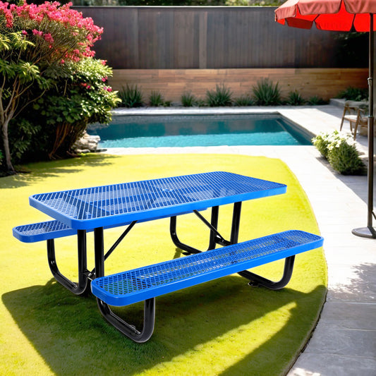 Blue perforated metal picnic table and benches with black legs ideal for outdoor gatherings