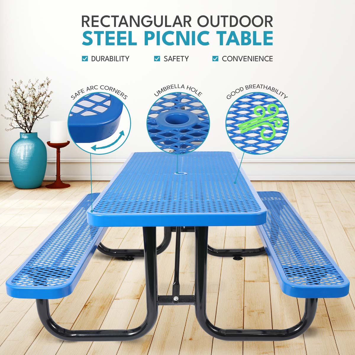 Blue perforated steel picnic table with attached benches and umbrella hole