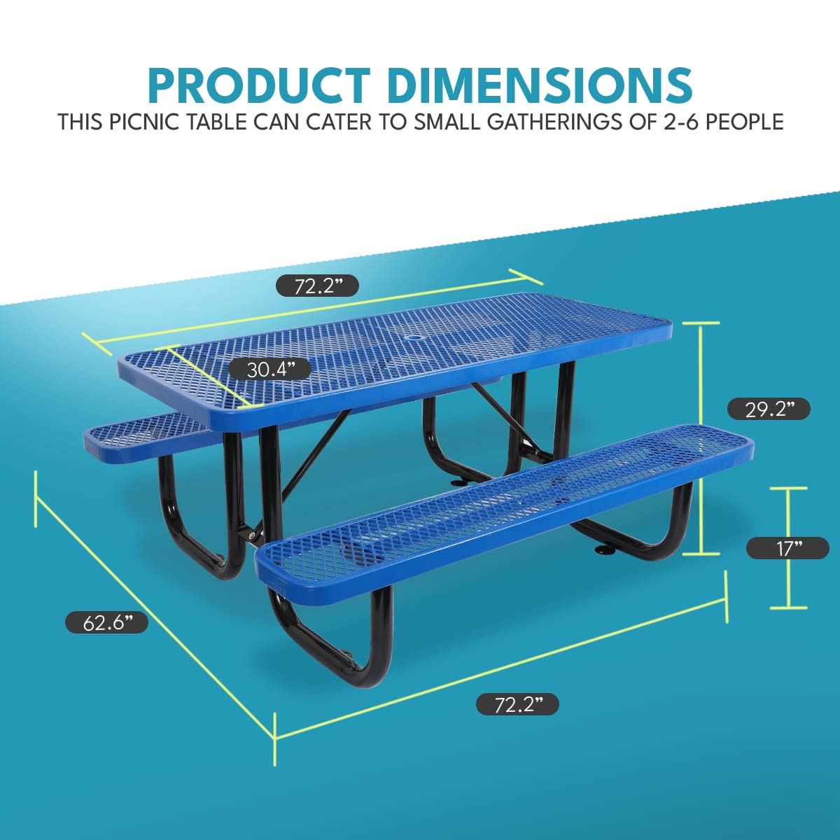 Blue expanded metal picnic table with attached benches  long