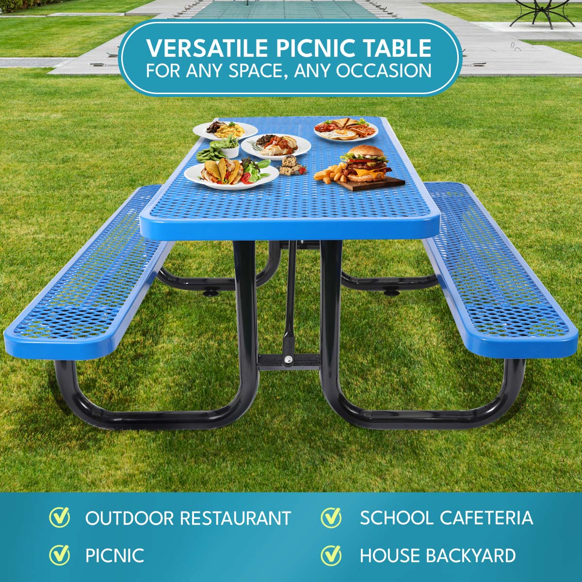 Blue perforated metal picnic table with attached benches set with plates of food