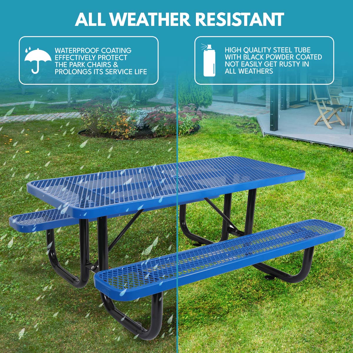 Durable blue perforated metal picnic table with sturdy black frame for outdoor use