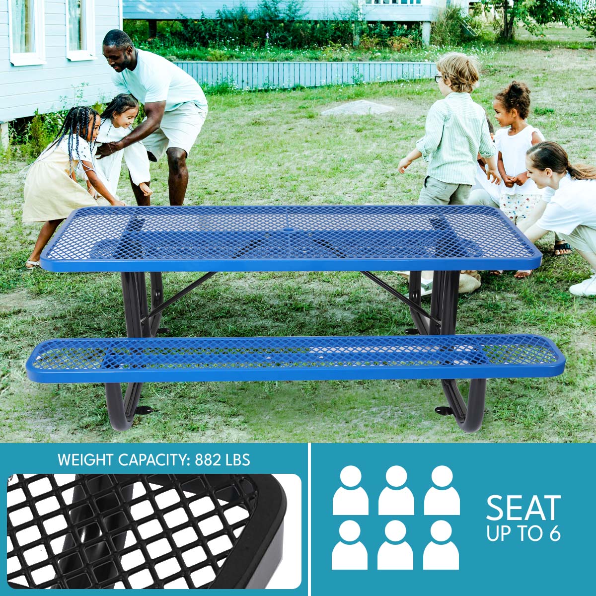 Durable blue metal expanded mesh picnic table with seating for up to six people outdoors