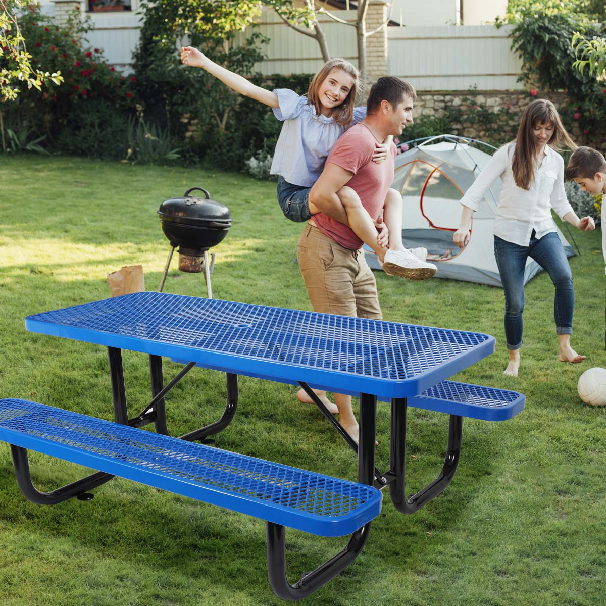 Blue metal expanded mesh picnic table with attached benches set up for outdoor family fun