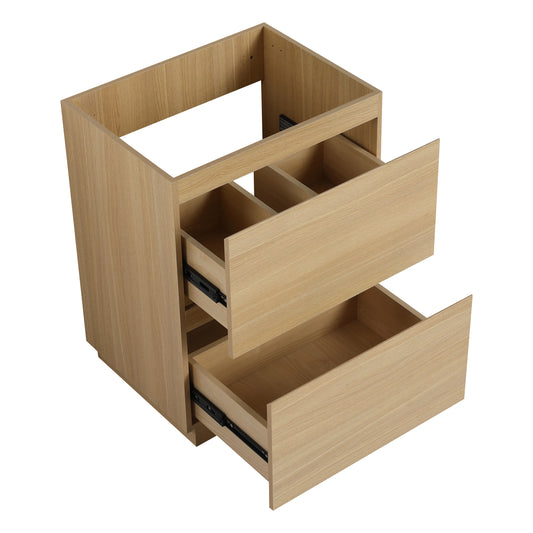Light oak veneer bathroom vanity cabinet with three drawers open showcasing interior organizers