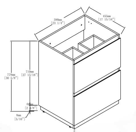 Diagram of a bathroom vanity cabinet mm wide mm deep two drawers