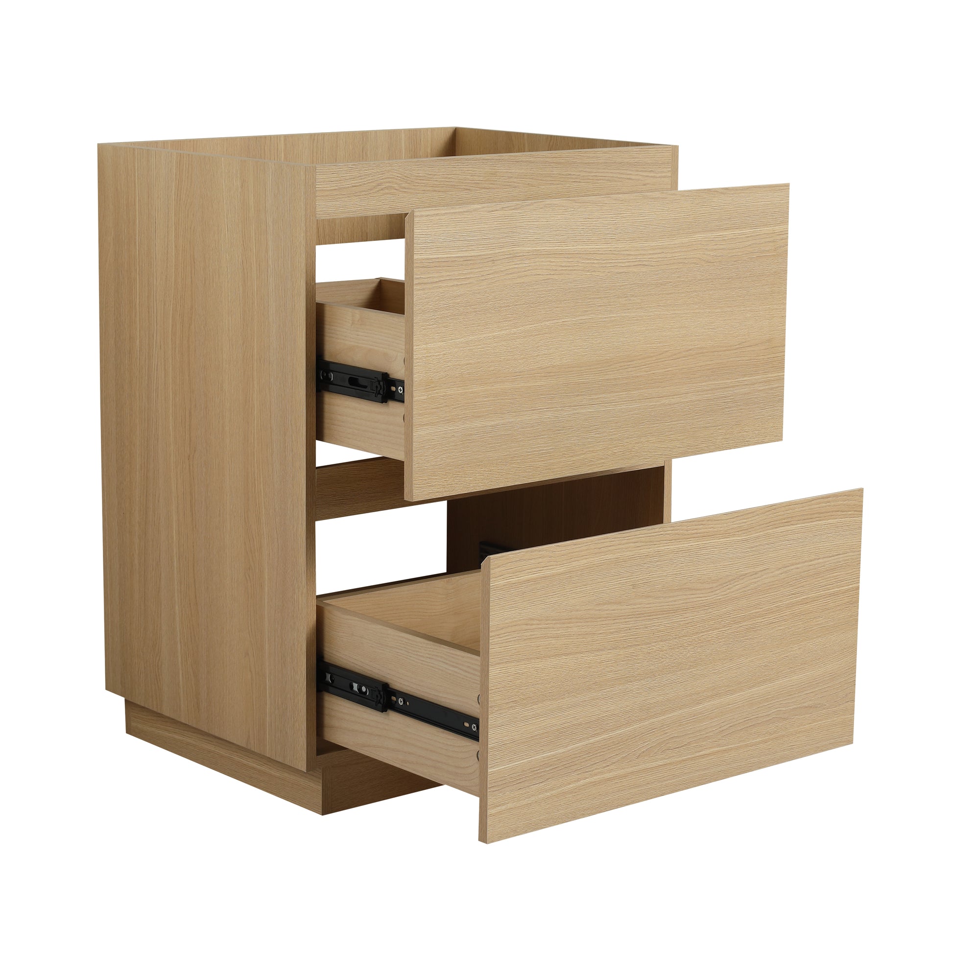 Light oak wood cabinet with two drawers one partially open showcasing black metal drawer slides