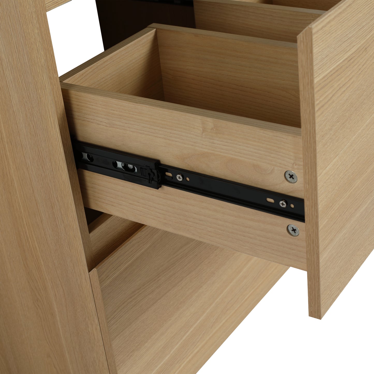 Light oak finish drawer with black metal drawer slides and wooden interior