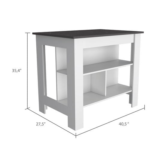 White kitchen island with grey marble top and open shelves