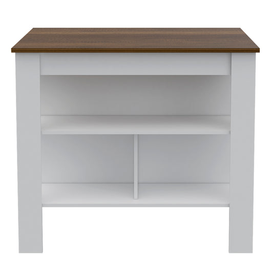 White and wood open shelf bookcase with two shelves and a divider