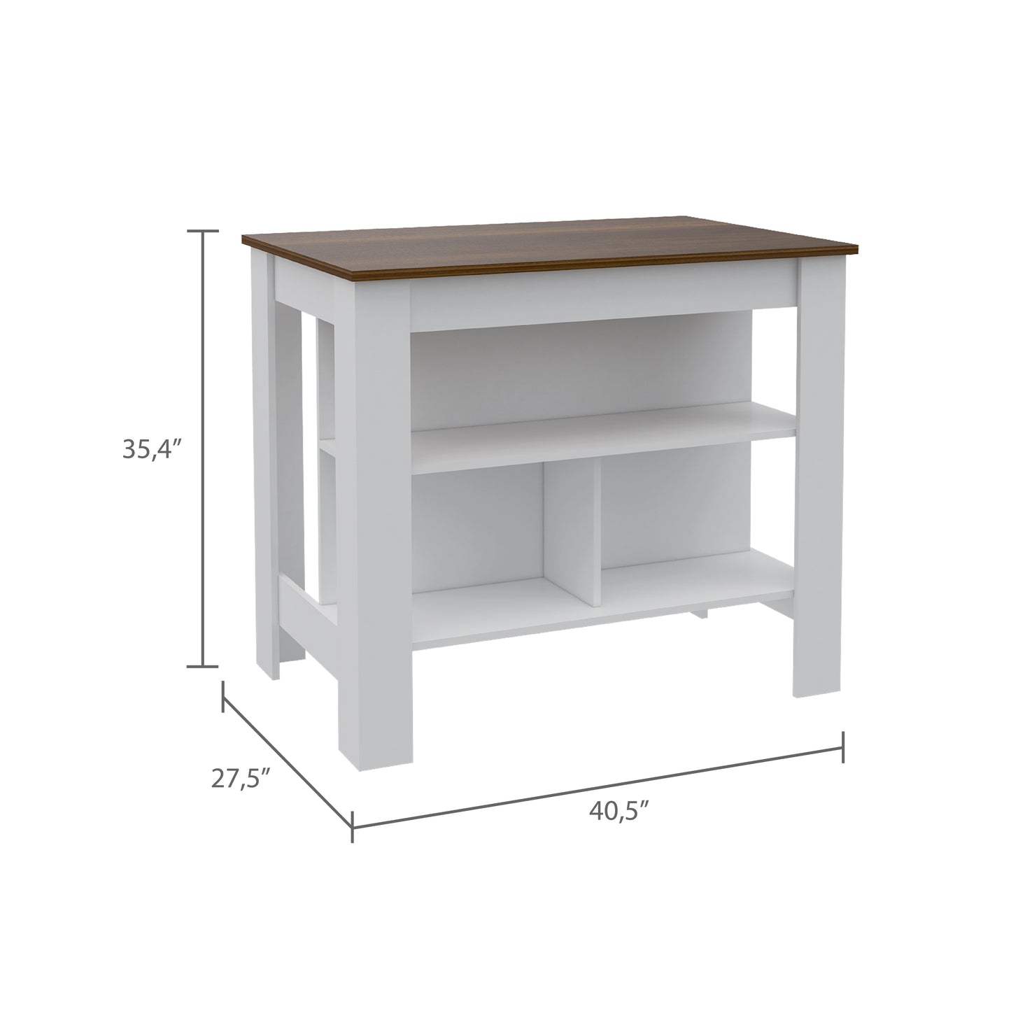 White and brown kitchen island with open shelving and wood top
