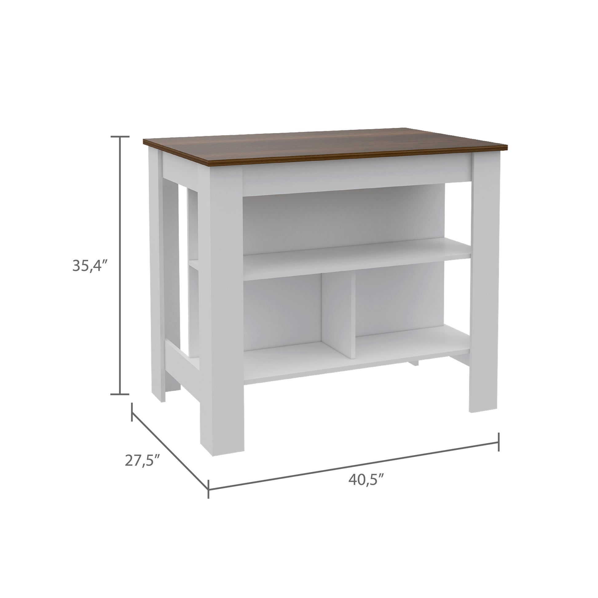 White and brown kitchen island with open shelving and wood top