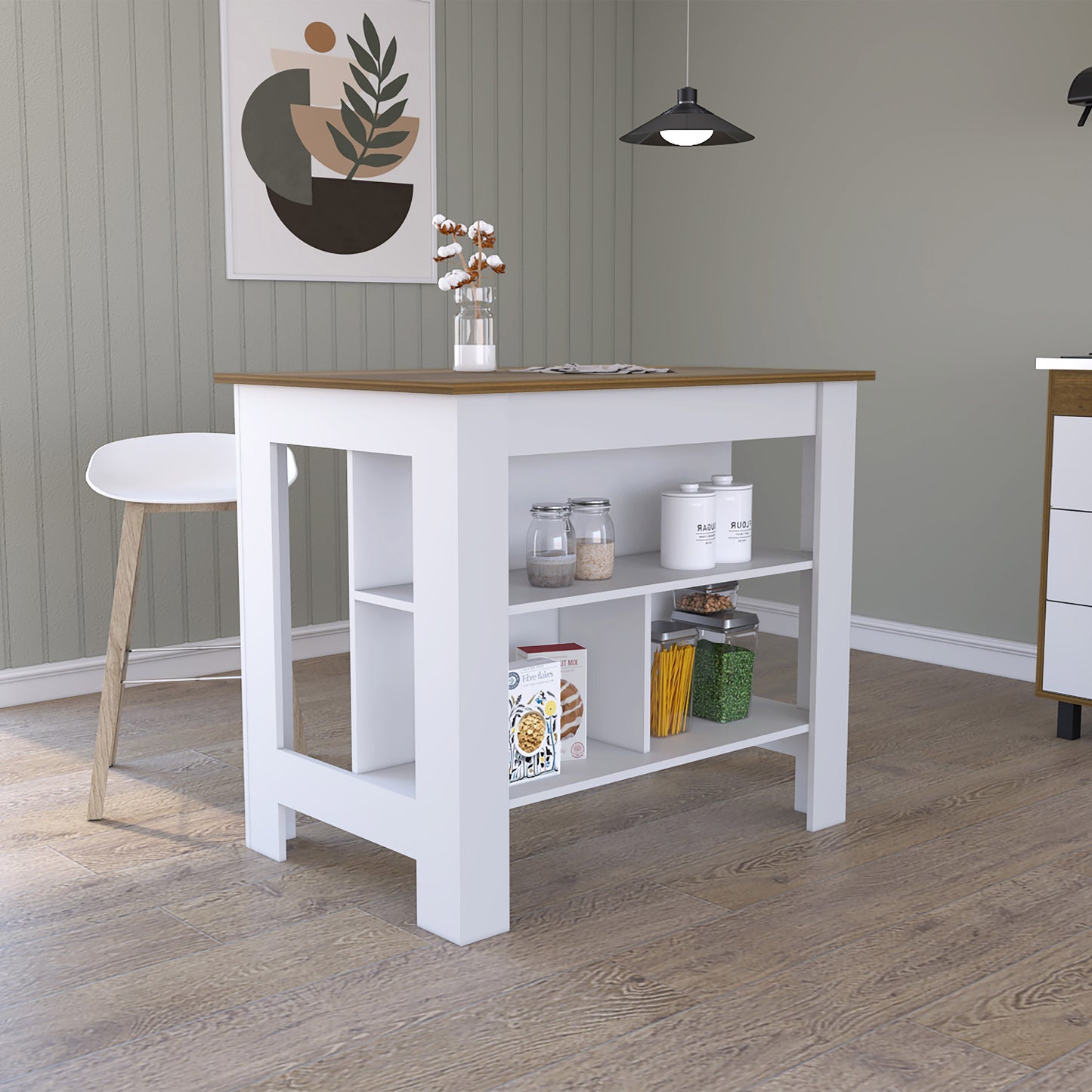 White and wood kitchen island with open shelving storing jars and boxes