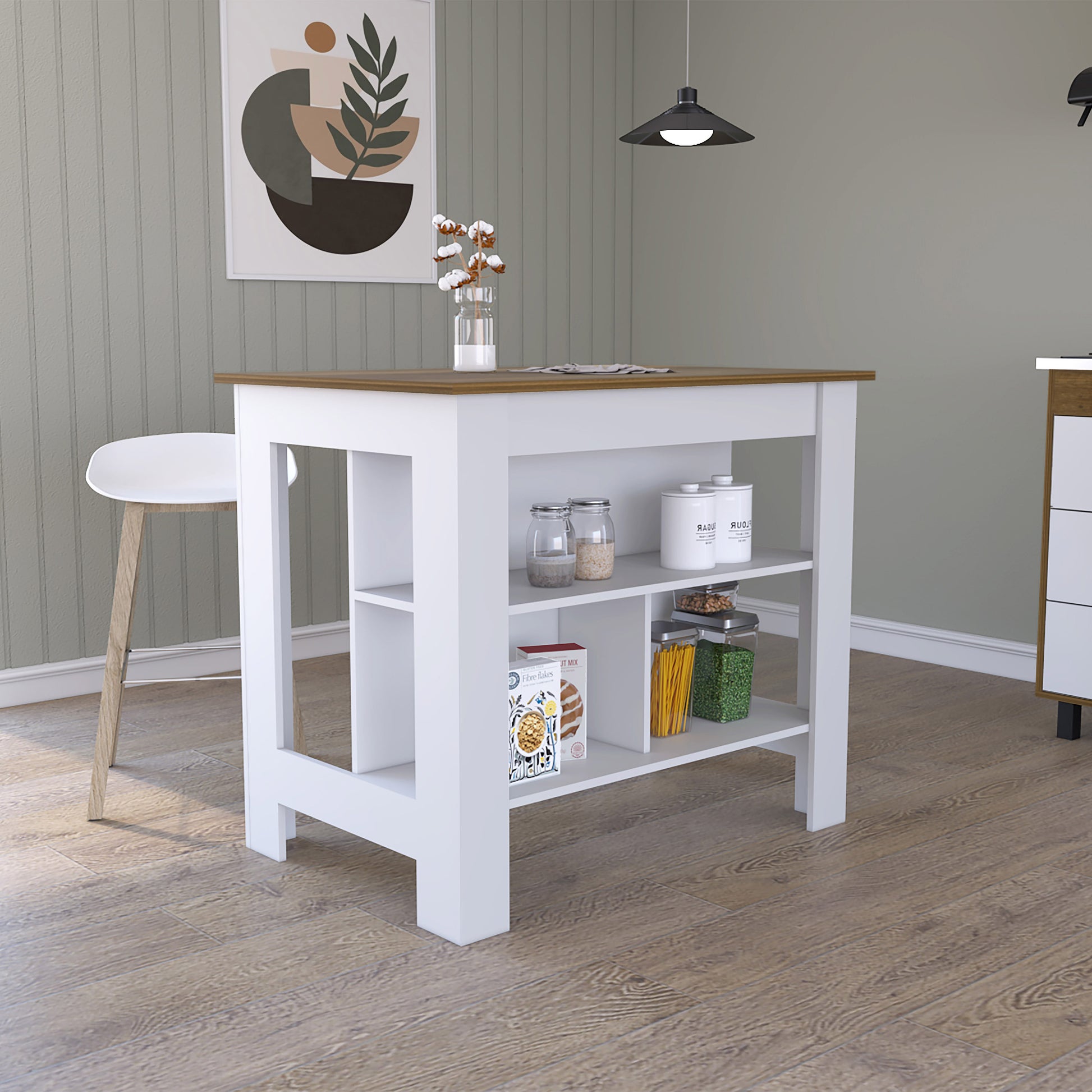 White and wood kitchen island with open shelving storing jars and boxes