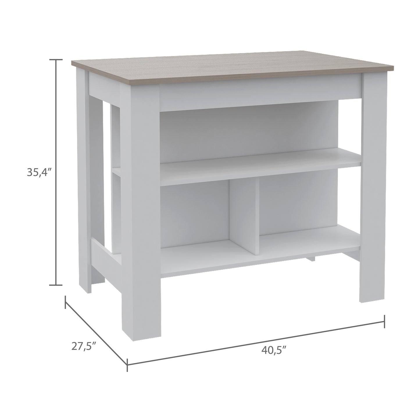 Modern white and wood grain kitchen island with two shelves  W x  D x  H