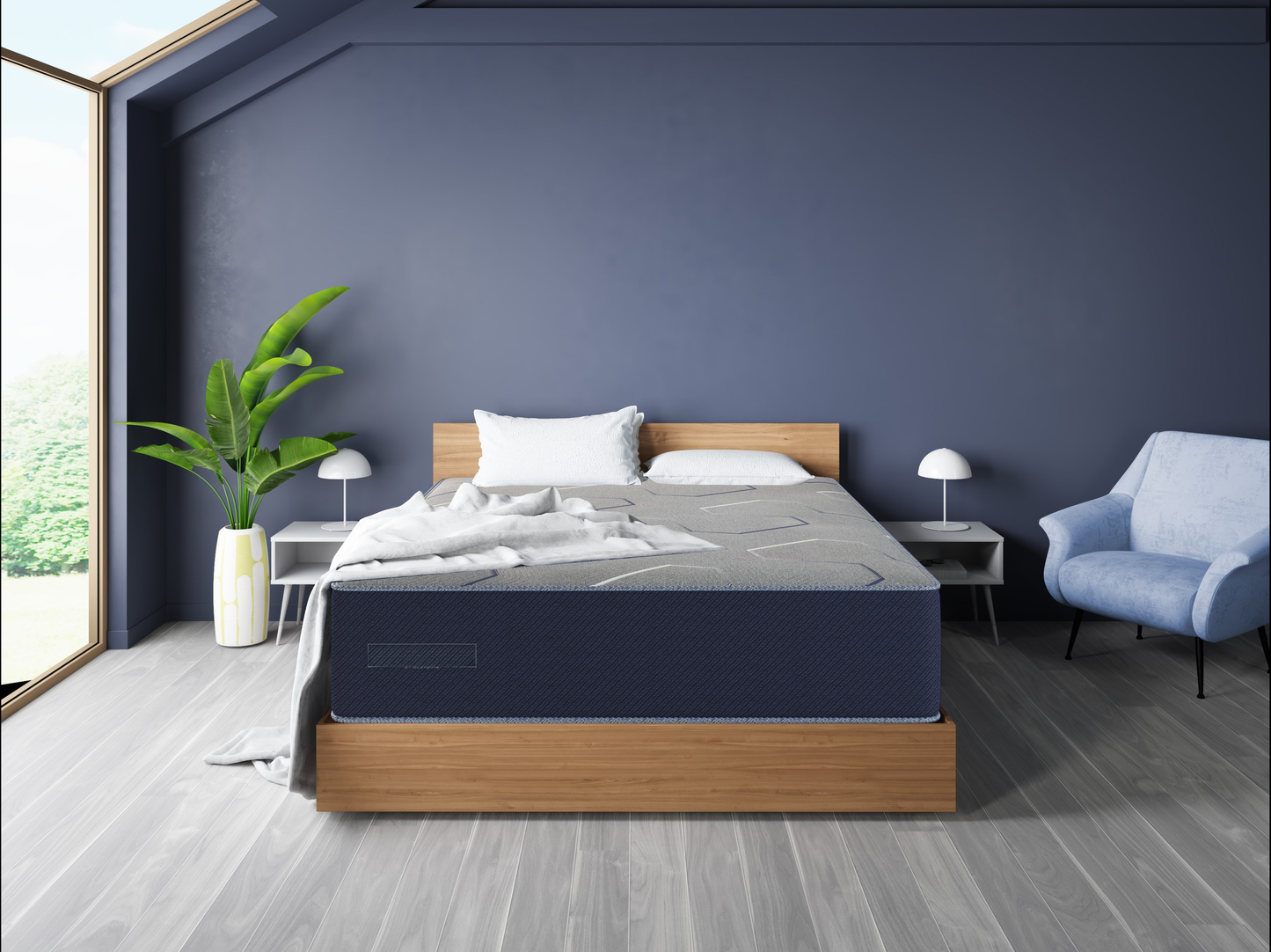Blue striped firm mattress on wooden bed frame