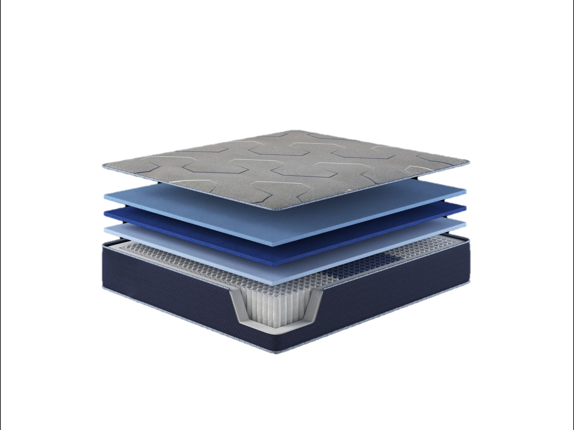 Exploded view of a hybrid mattress showing layered comfort foam and coil system for optimal support