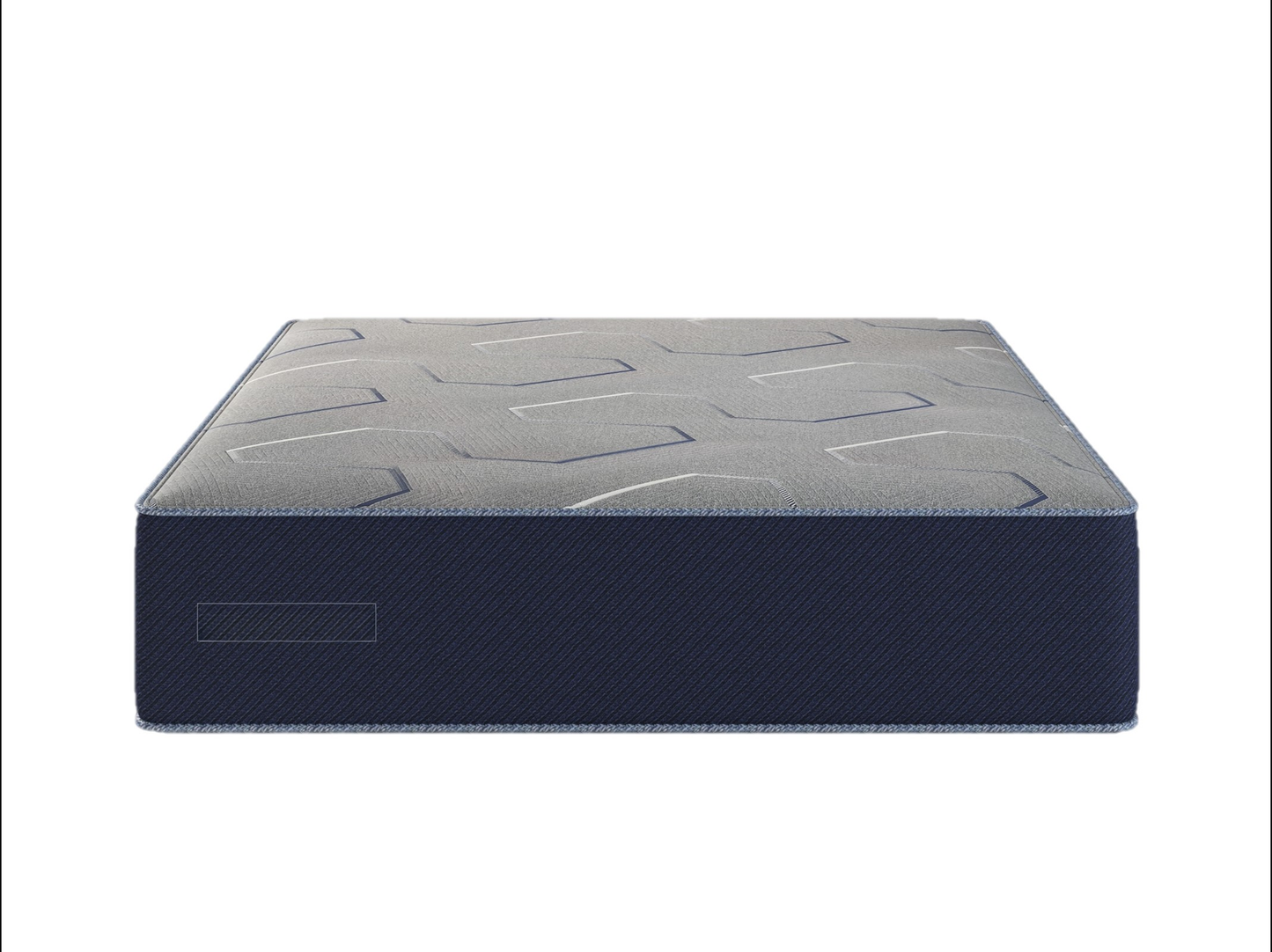 Dark navy upholstered mattress with a geometric gray pattern on top