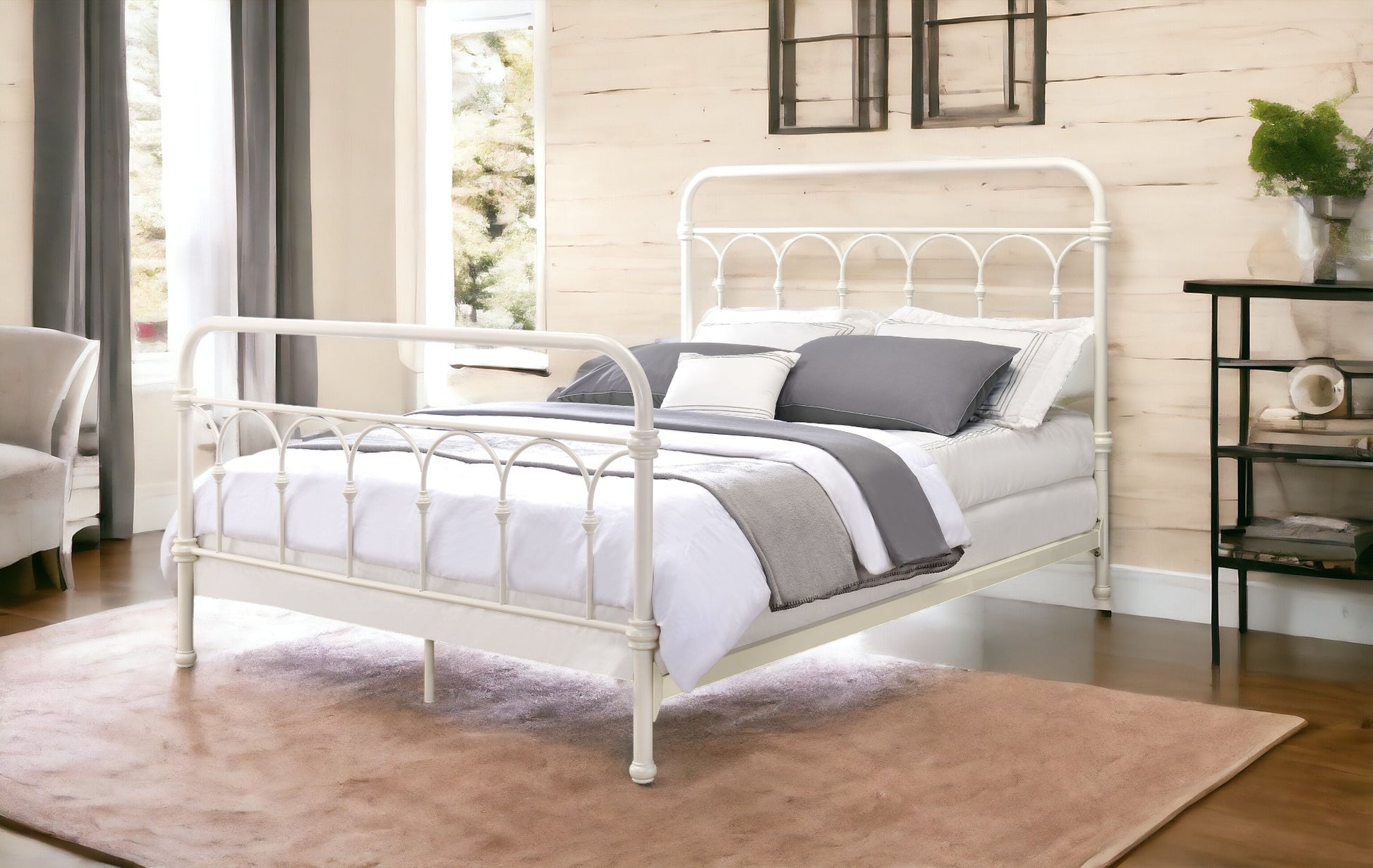 White metal twin bed frame with arched headboard and footboard featuring crisp bedding