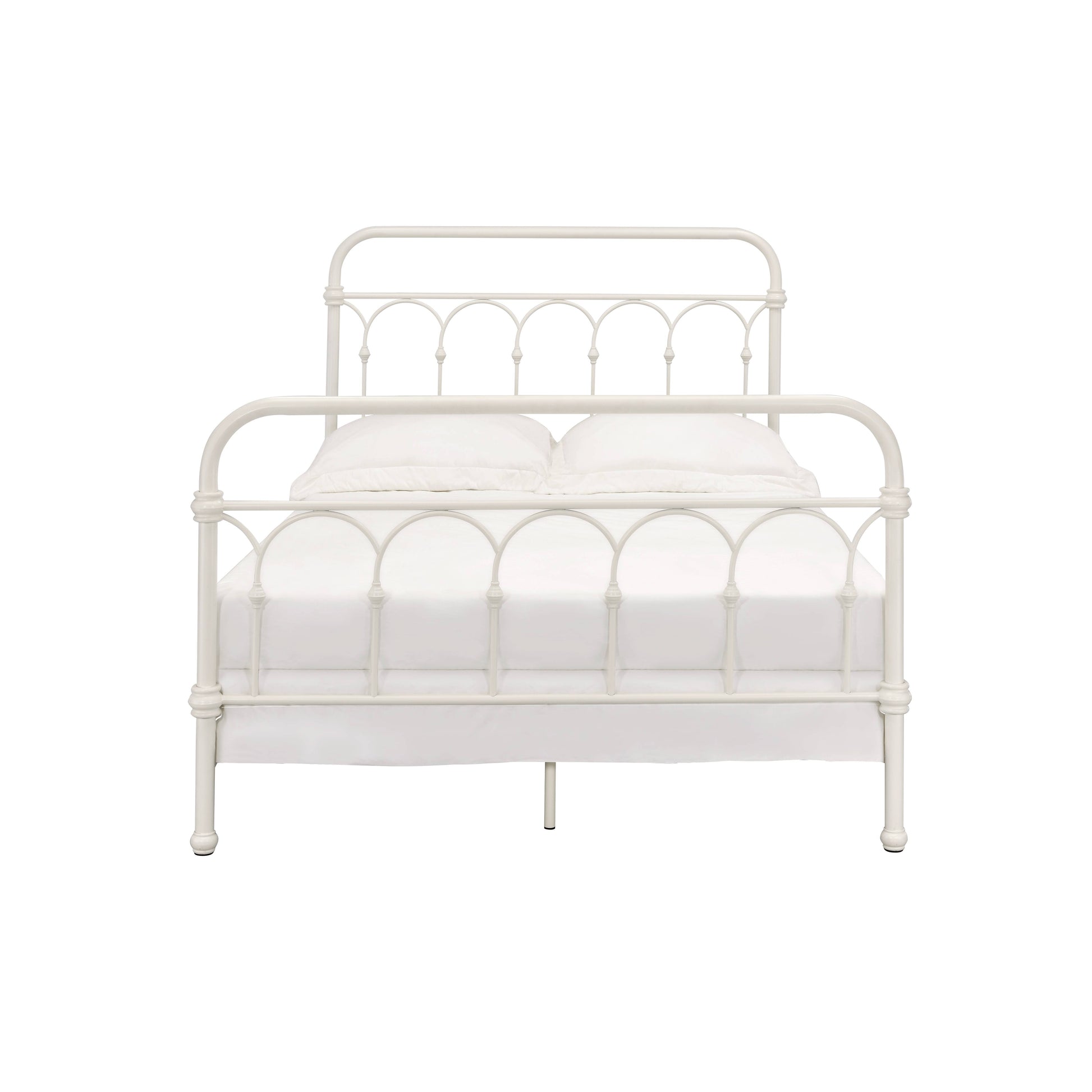 White metal twin bed frame with curved headboard and footboard