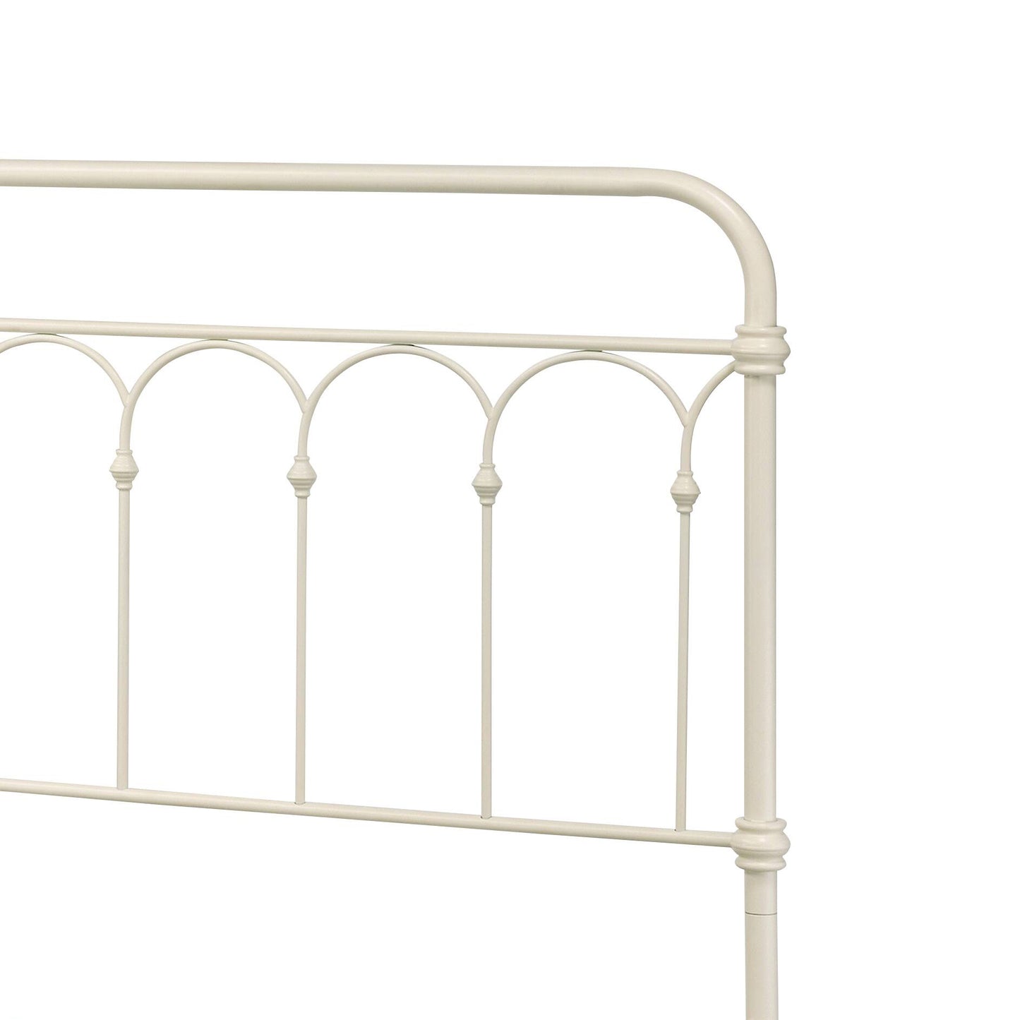 Cream metal headboard with arched spindles and finials