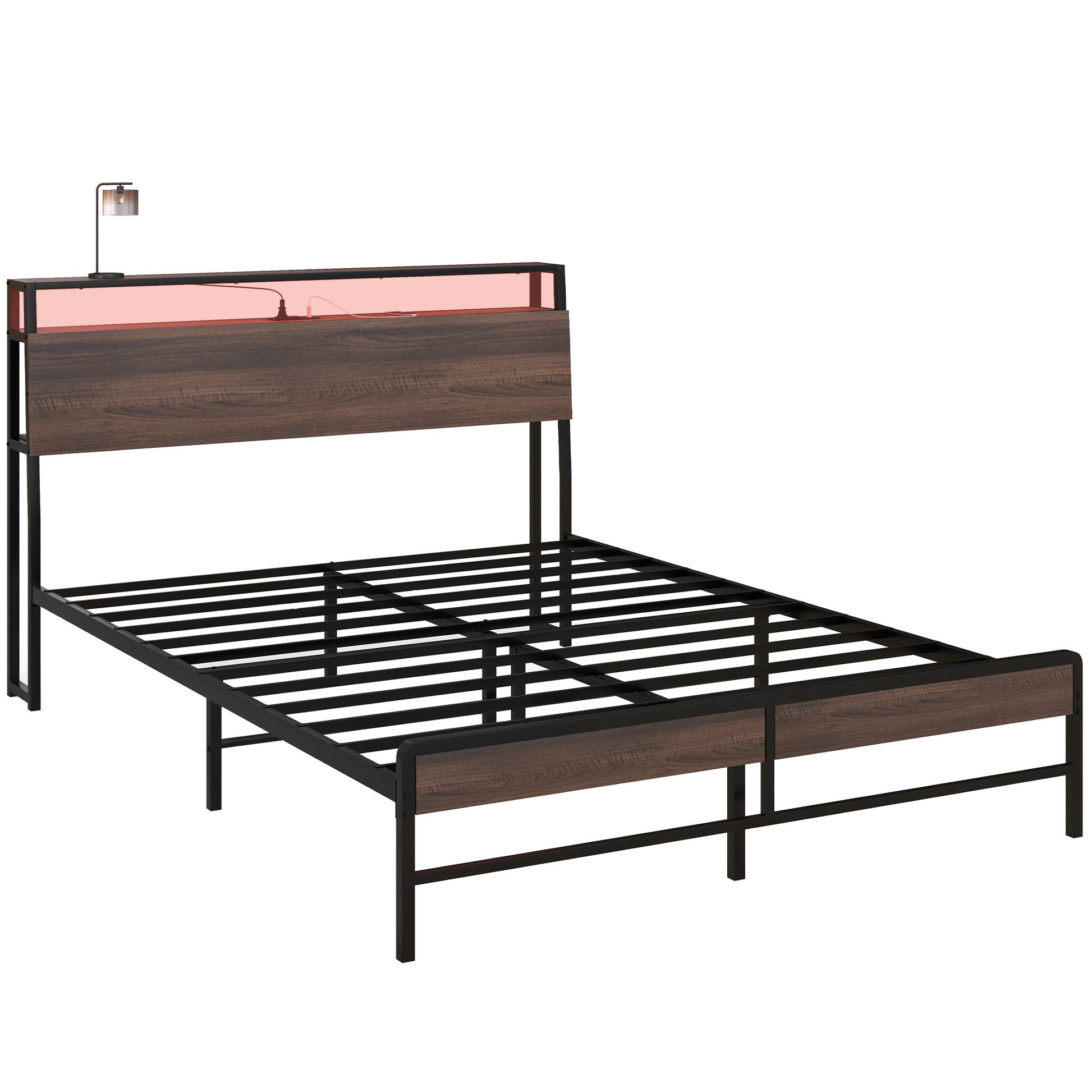 Modern platform bed frame with wood headboard and builtin LED lights