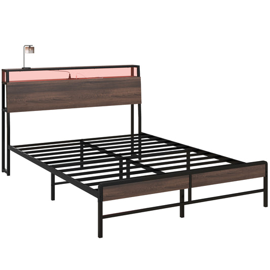 Modern platform bed frame with wood headboard and builtin LED lights