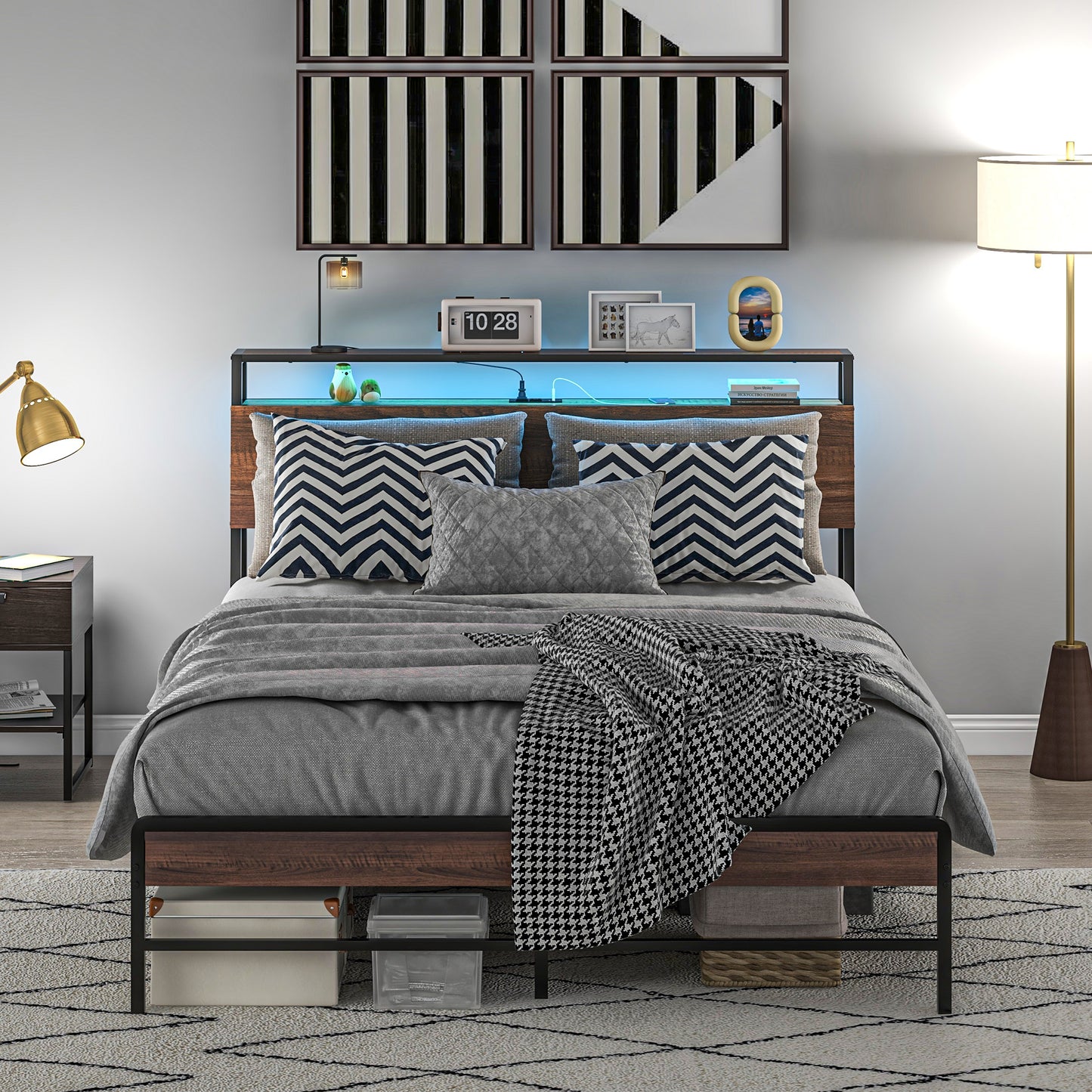 Queen size bed with dark wood headboard and blue LED lights