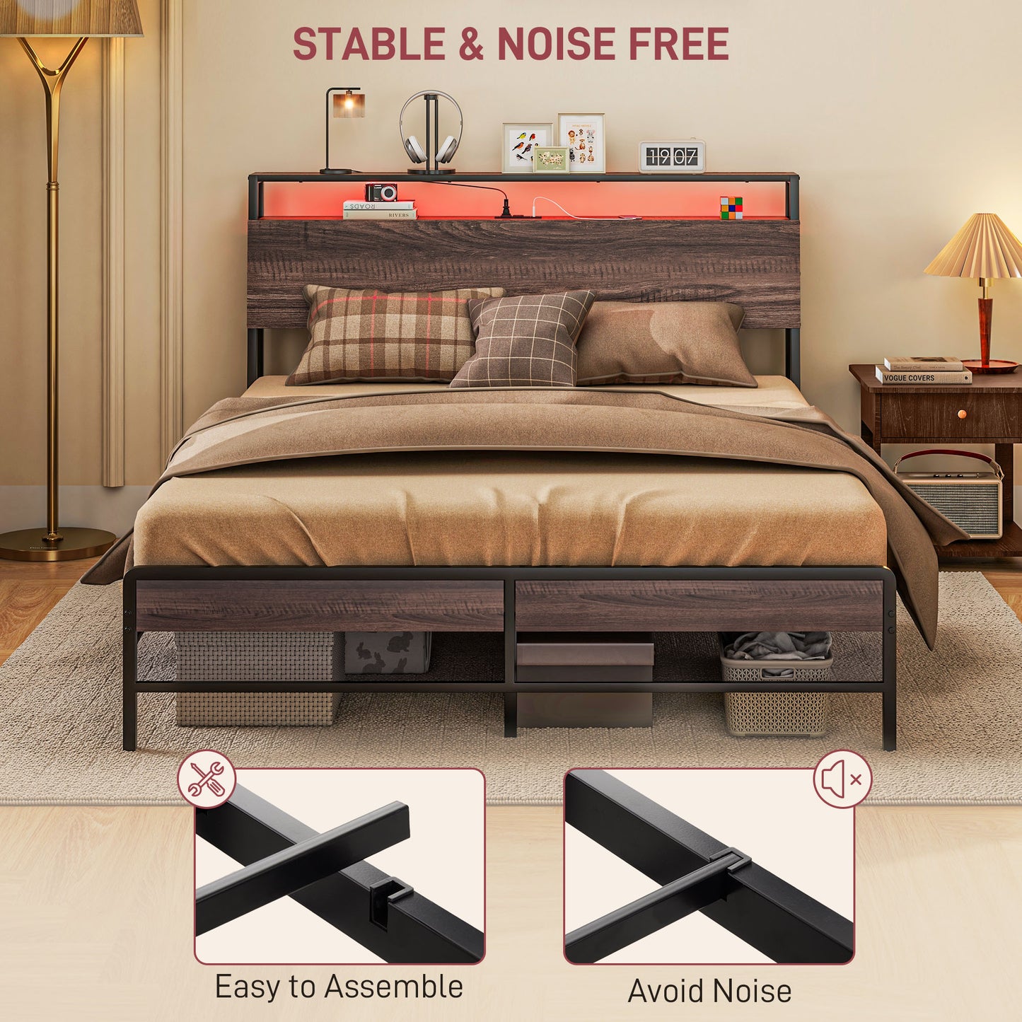 Queen size platform bed with wood grain headboard and storage drawers