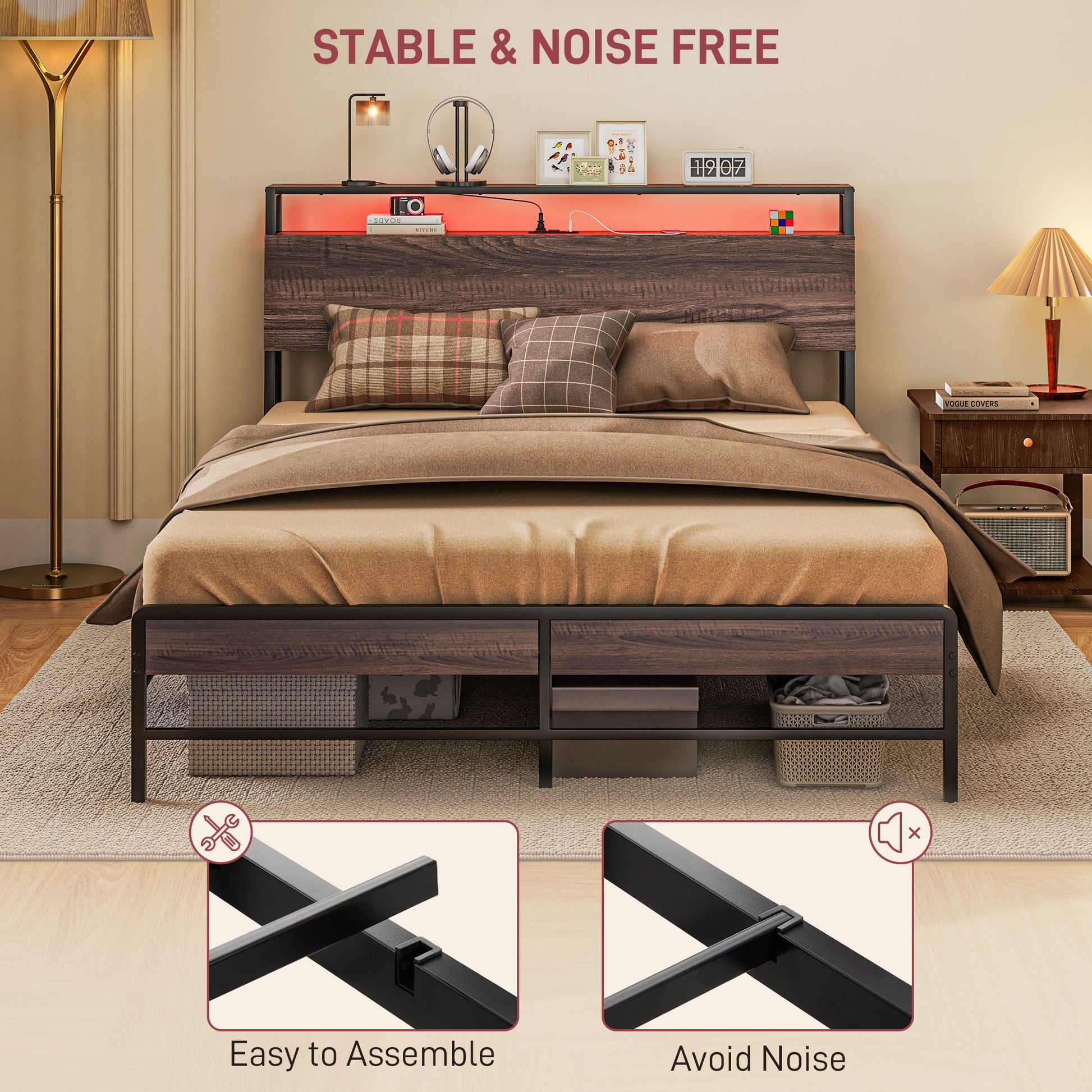 Queen size platform bed with wood grain headboard and storage drawers