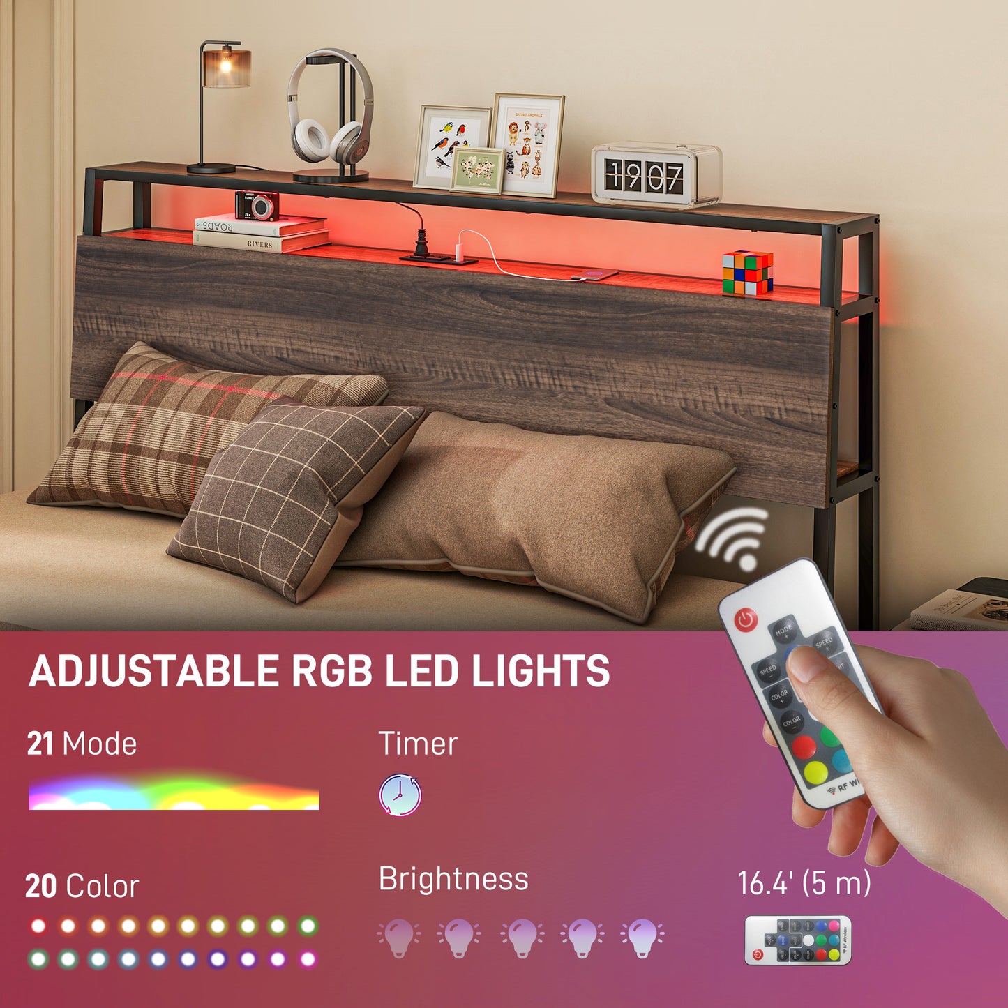 Brown wood and metal headboard with integrated USB ports and adjustable RGB LED lights
