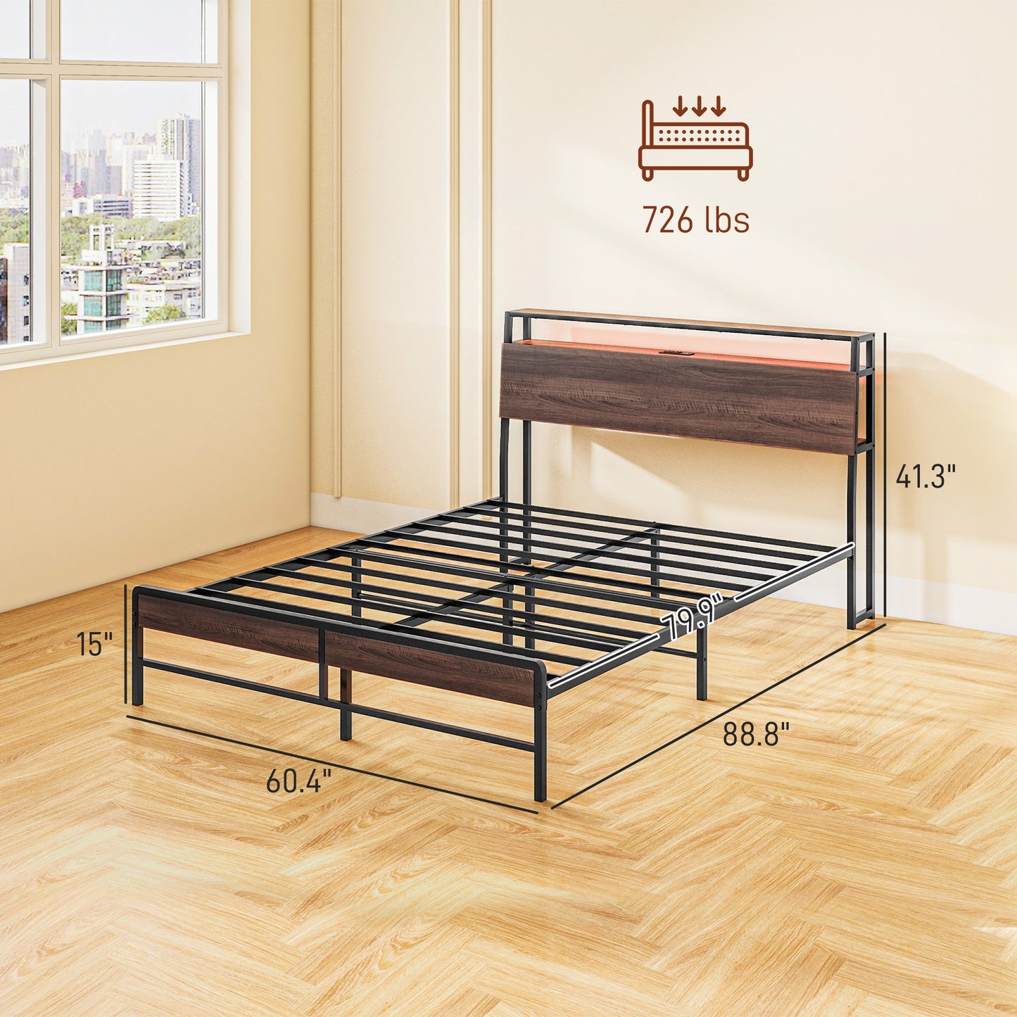 Queen size bed frame with dark wood headboard and LED lights