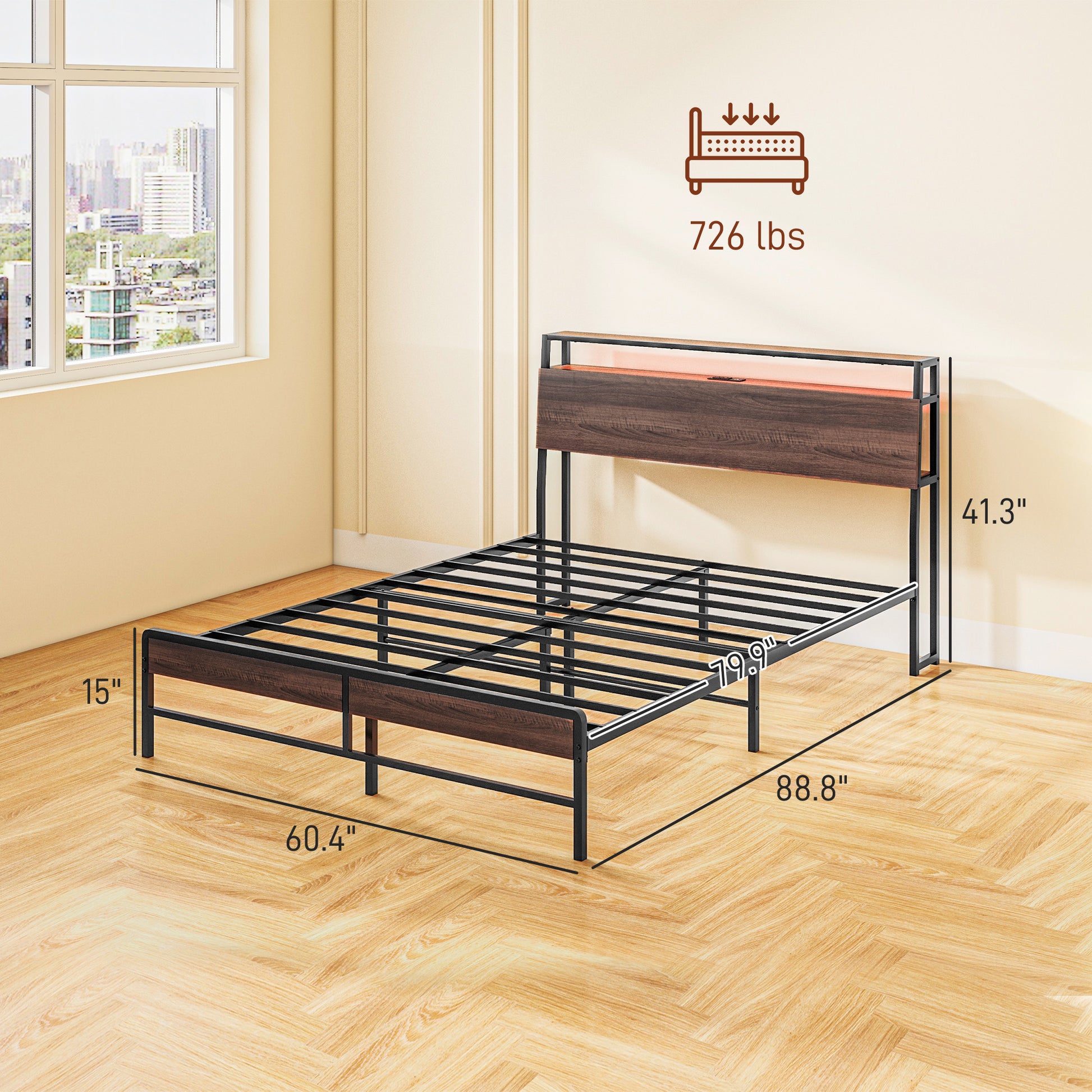 Queen size bed frame with dark wood headboard and LED lights
