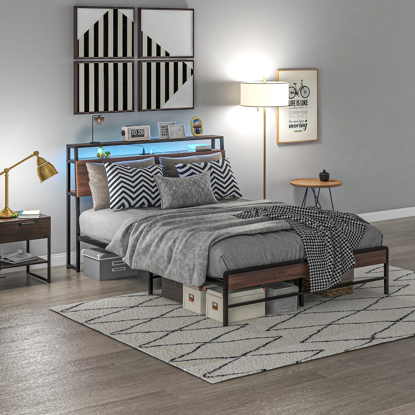 Modern metal bed frame with builtin LED headboard and USB ports