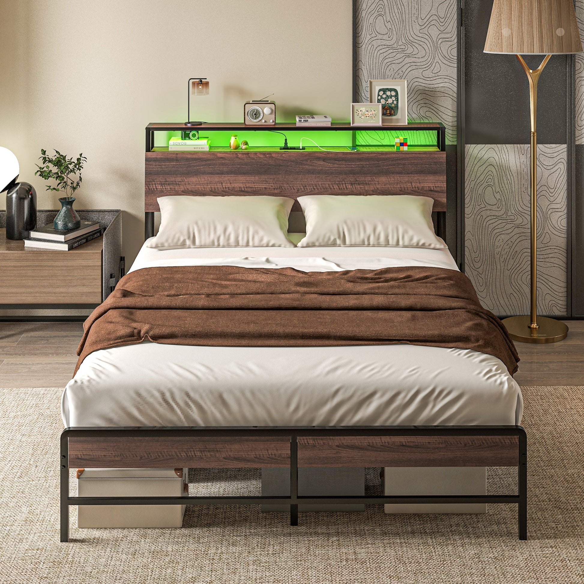 Queen platform bed frame with walnut finish headboard and builtin green LED lights