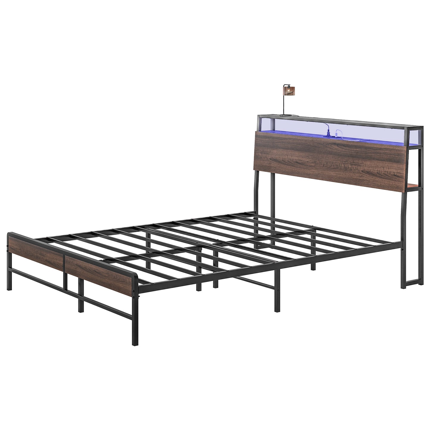 Black metal bed frame with wood headboard and LED lights
