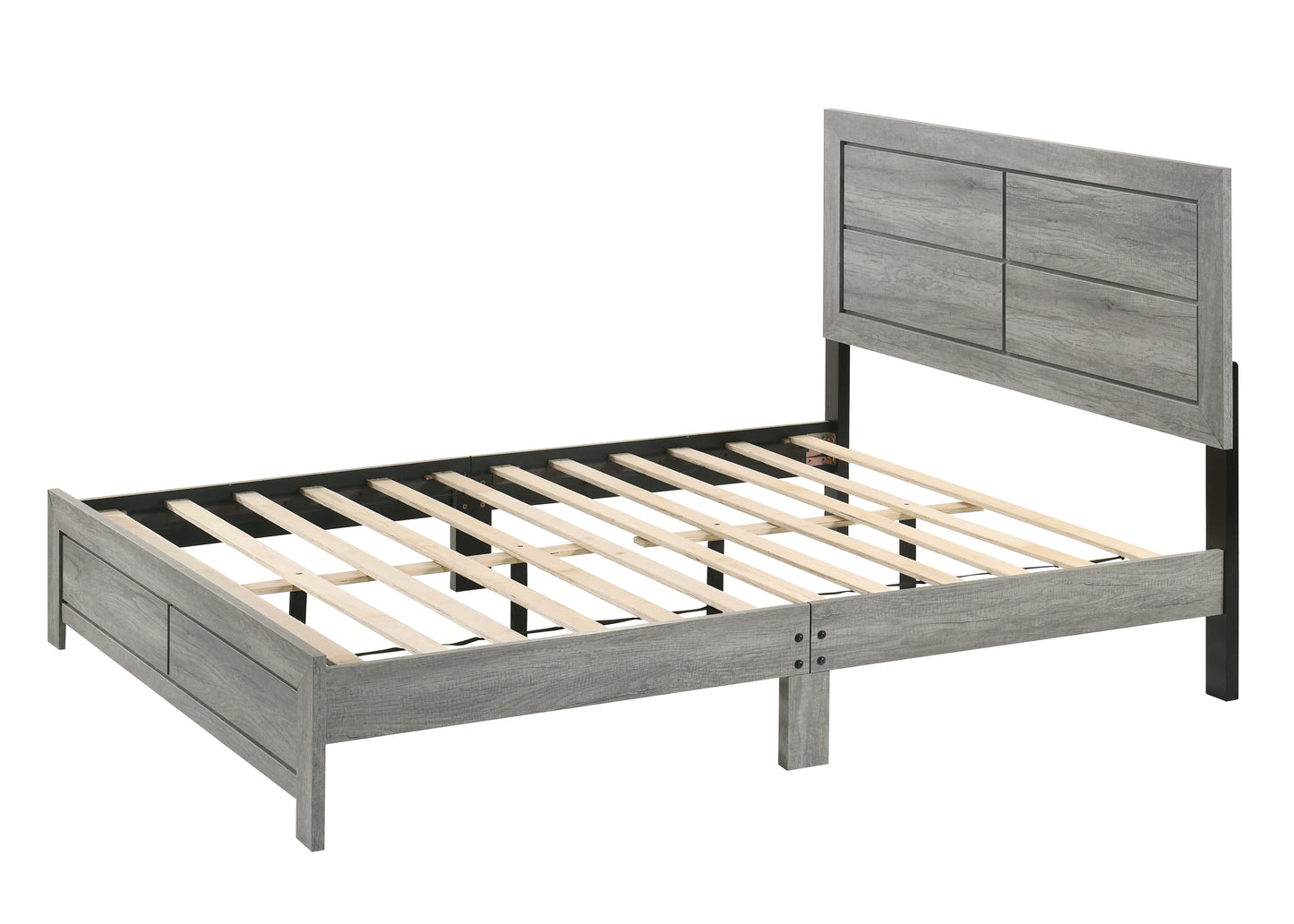 Grey wood grain platform bed frame with slatted base