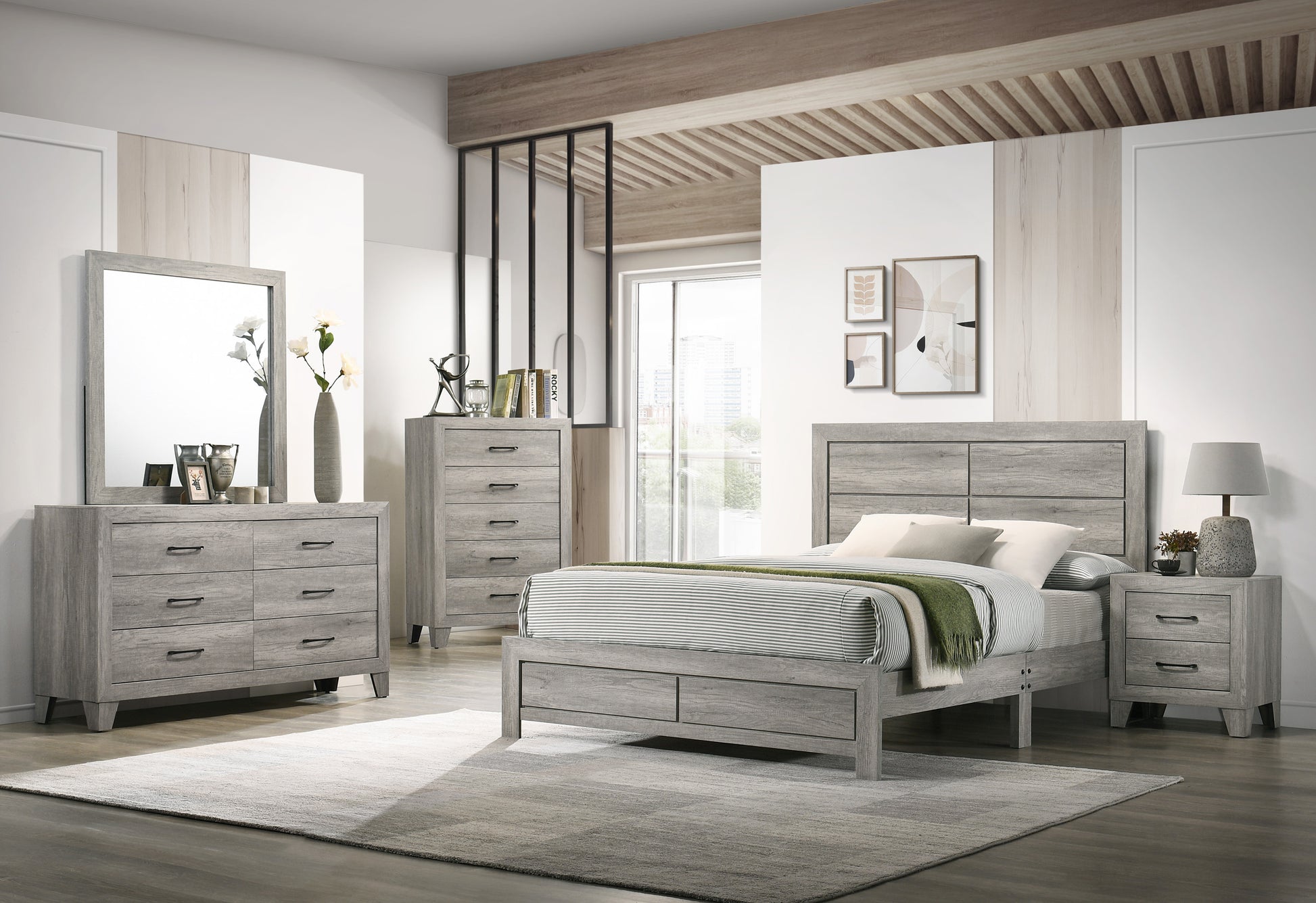 Gray wood king size bed frame with drawers