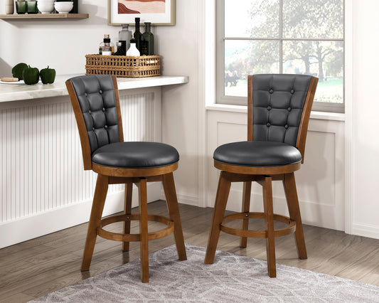 TREATLIFE HOME Set of 2 Swivel Counter Height Chairs, Button-Tufted Upholstered Seat, Solid Wood Frame, Chestnut Finish