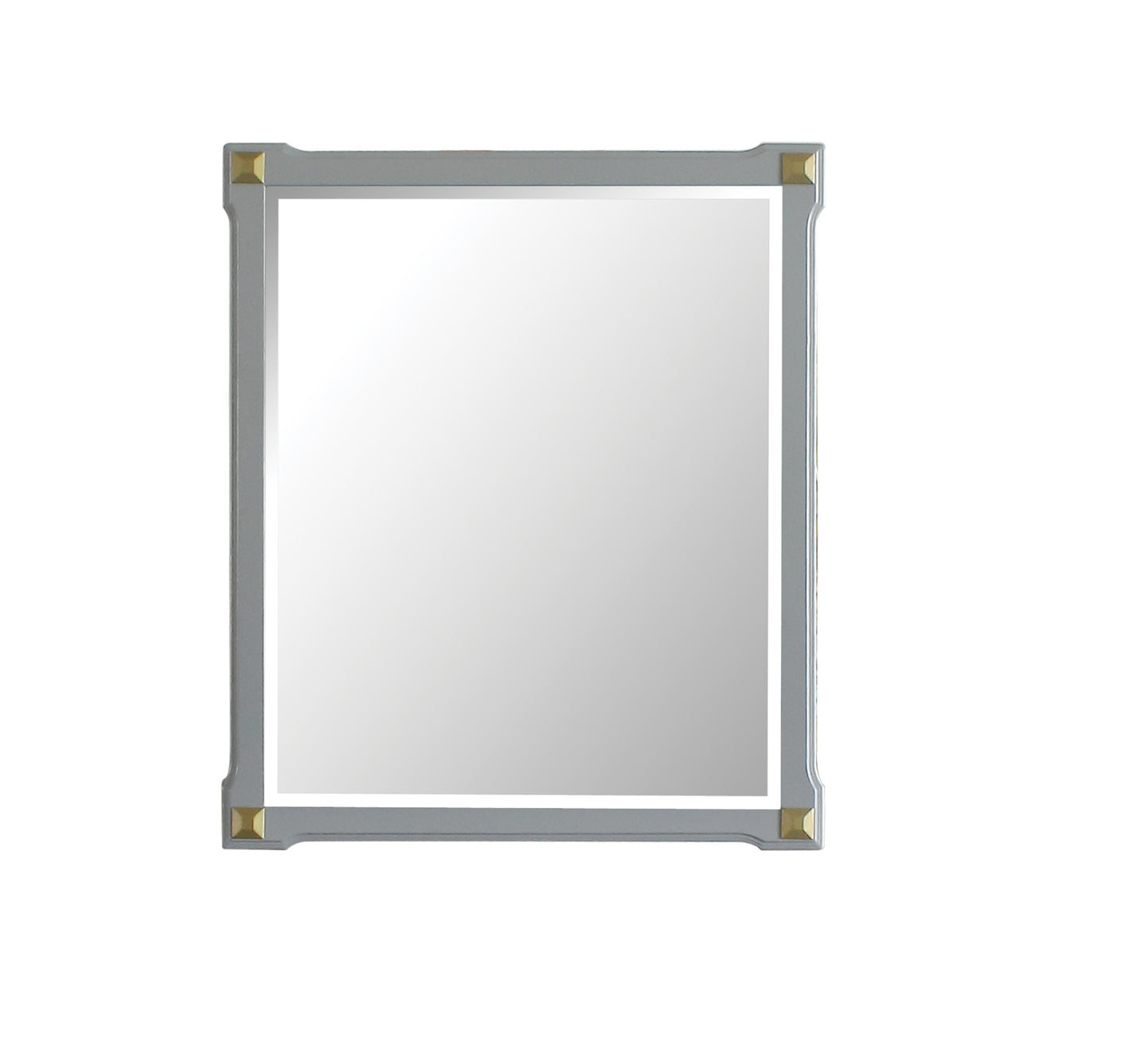 Gray rectangular mirror with gold corner accents