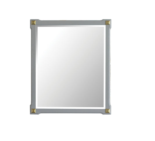 Gray rectangular mirror with gold corner accents